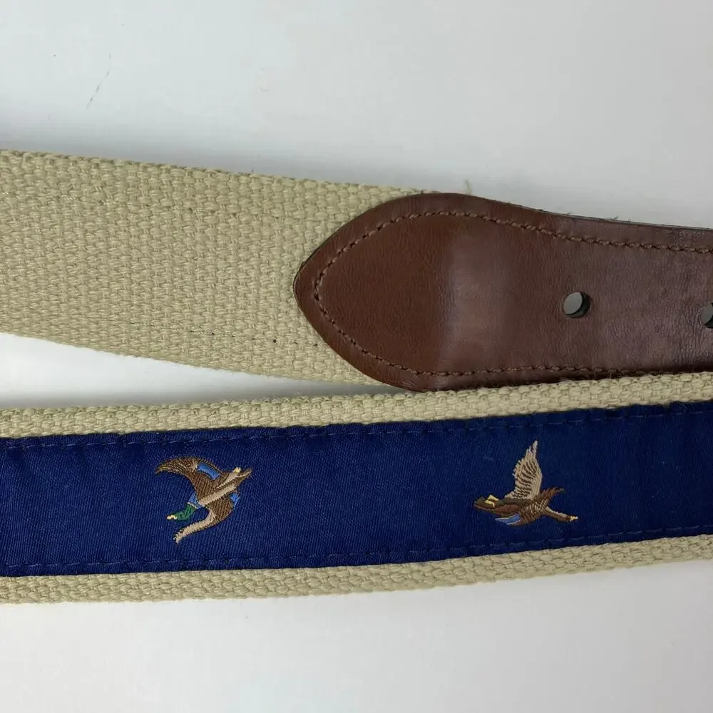 KEH Mens Sz M / 36 Vintage Leather Canvas Belt w Mallard Duck Design Brown Blue
